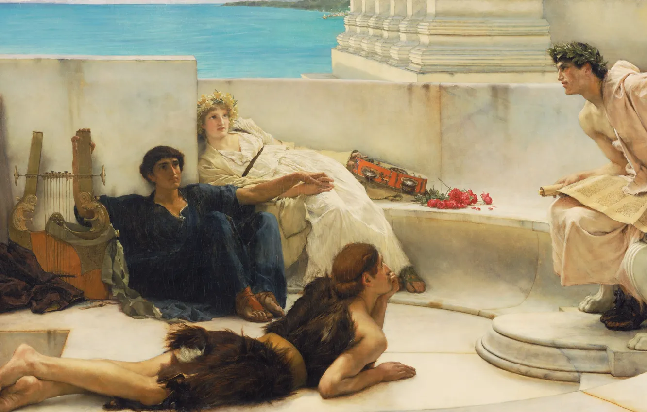 Фото обои картина, поэт, жанровая, Lawrence Alma-Tadema, Лоуренс Альма-Тадема, Чтение из Гомера