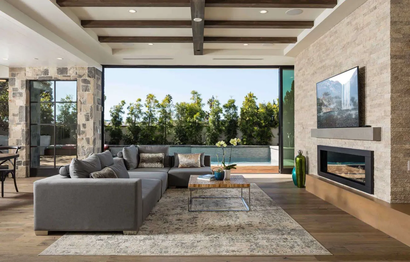 Фото обои дизайн, стиль, интерьер, Калифорния, камин, гостиная, столовая, Newport Beach