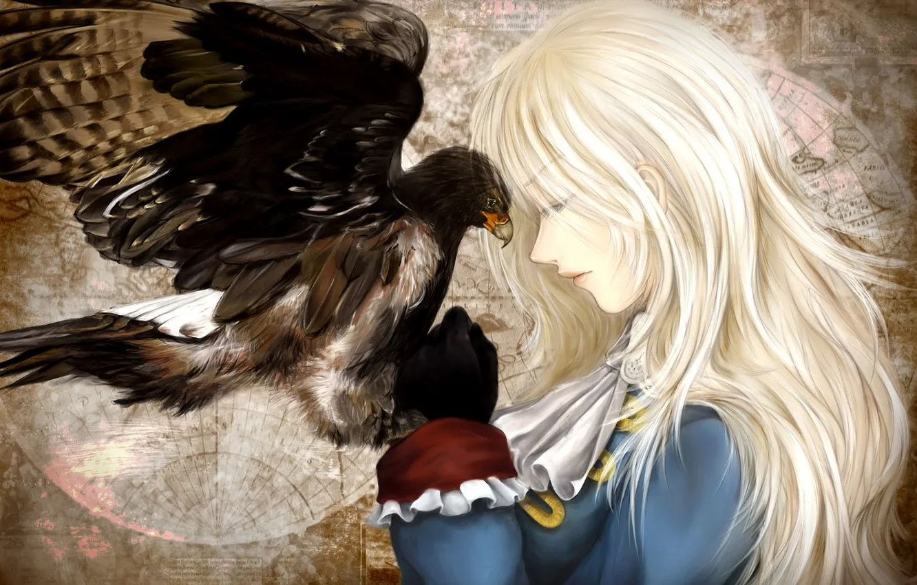 Фото обои девушка, птица, карта, профиль, ястреб, axis powers hetalia, prussia