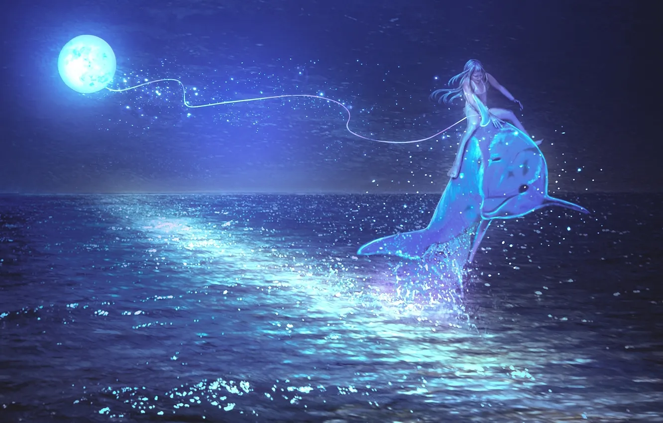 Фото обои море, волны, небо, ночь, дельфин, фантастика, арт, девочка