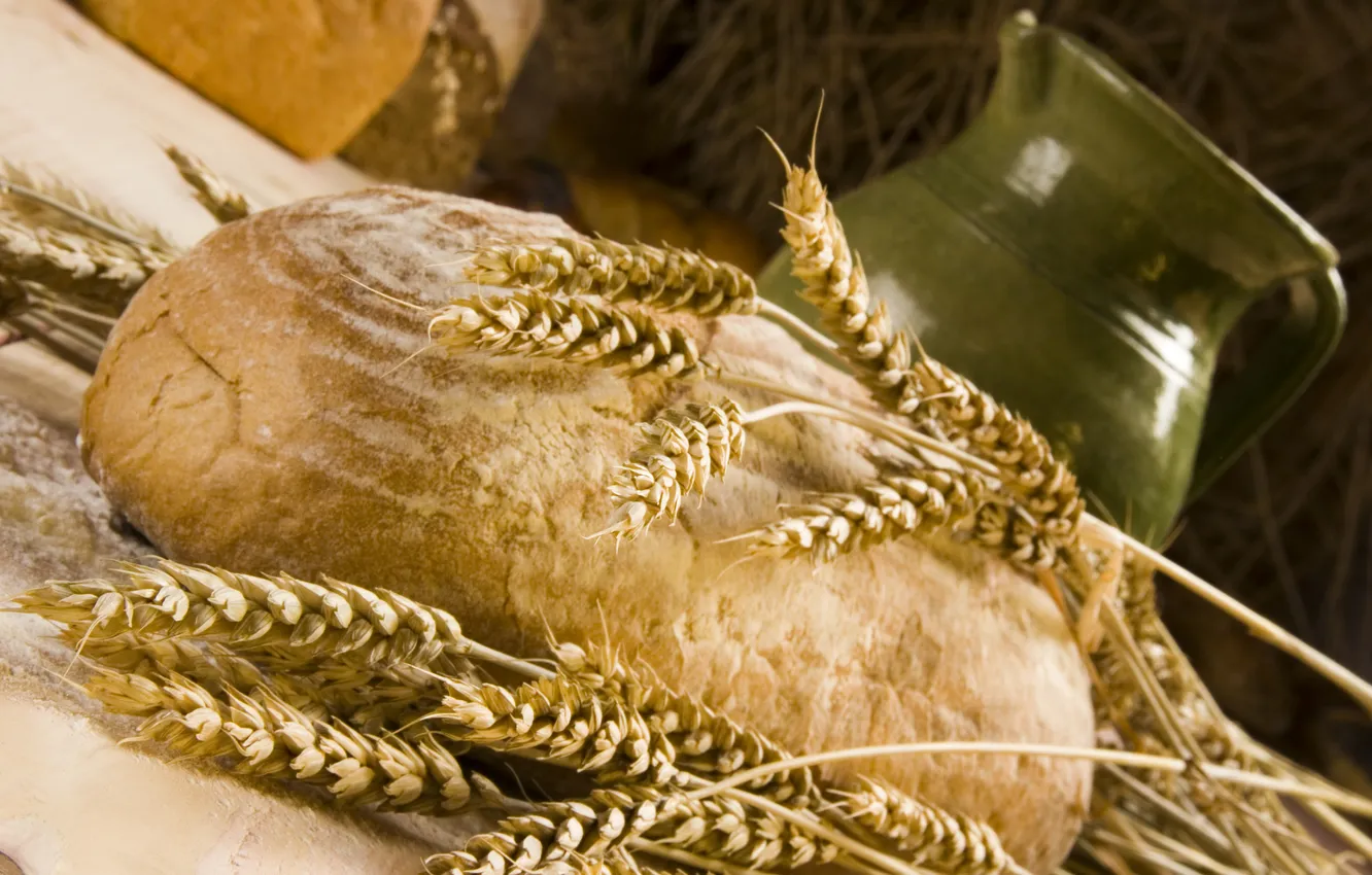 Фото обои хлеб, колосья, кувшин
