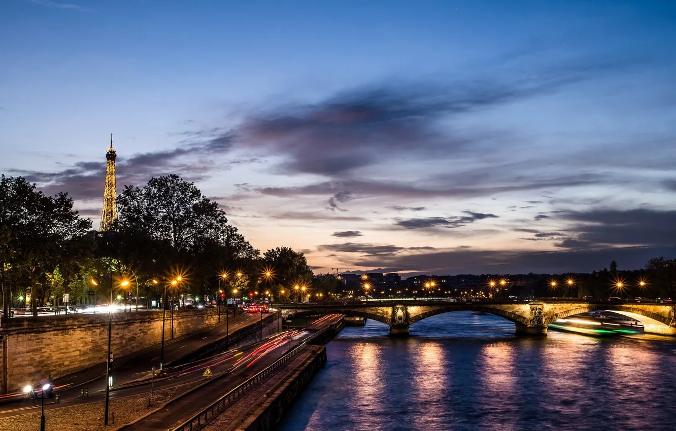 Фото обои город, река, Франция, Париж, вечер, Сена, Эйфелева башня, Paris