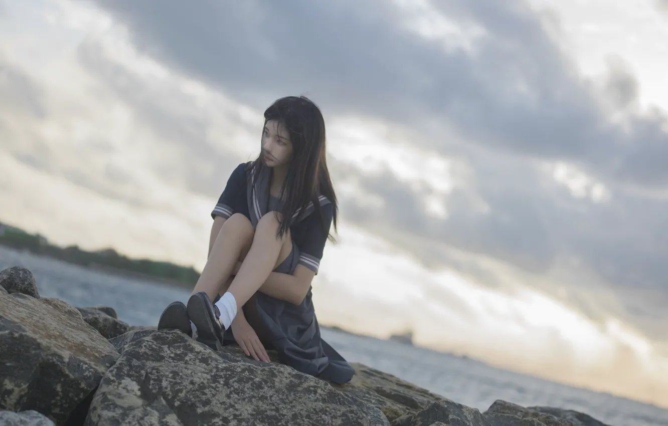 Фото обои Beautiful, Asian, Model, Coast, Sun, Water, Cloudy, Woman