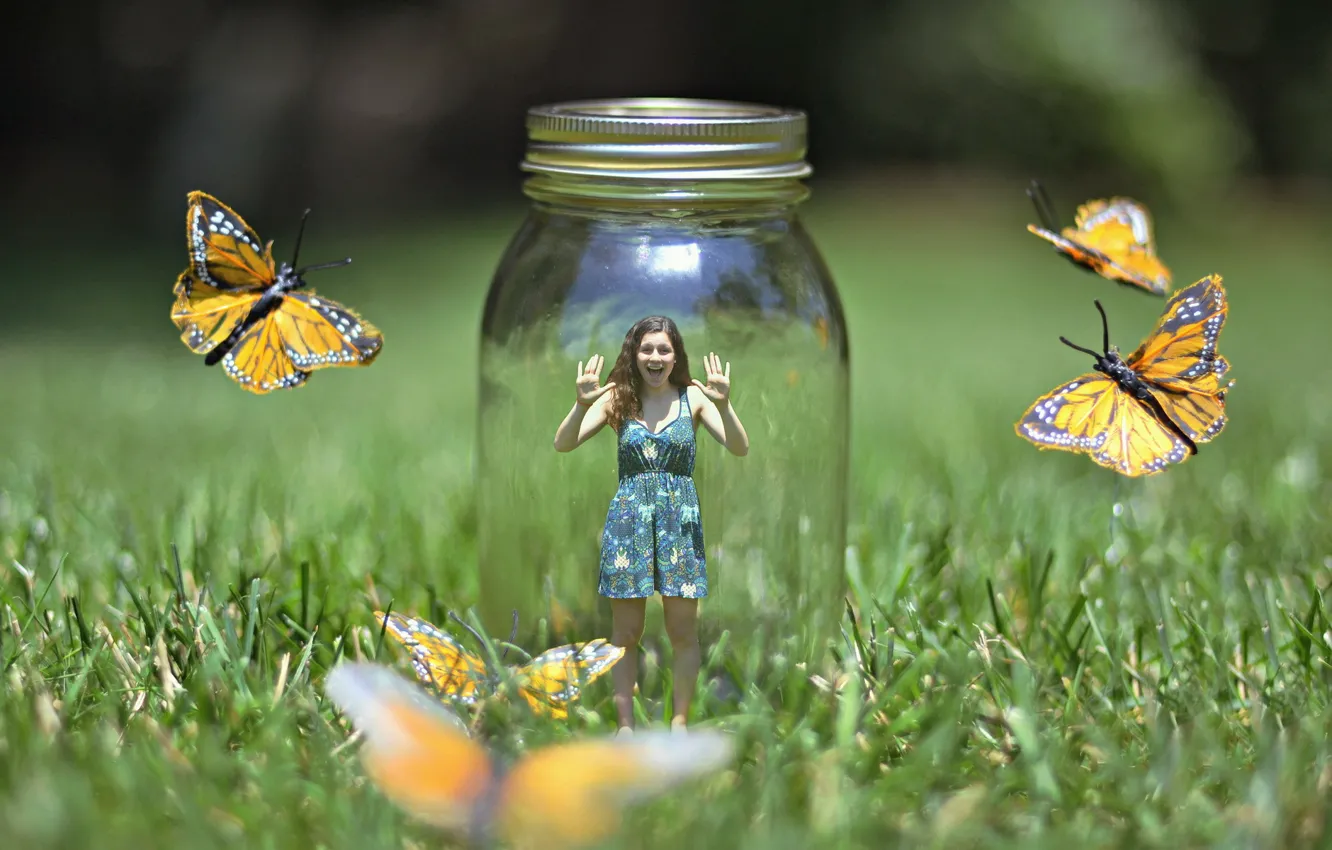Фото обои девушка, бабочки, природа, ситуация, банка