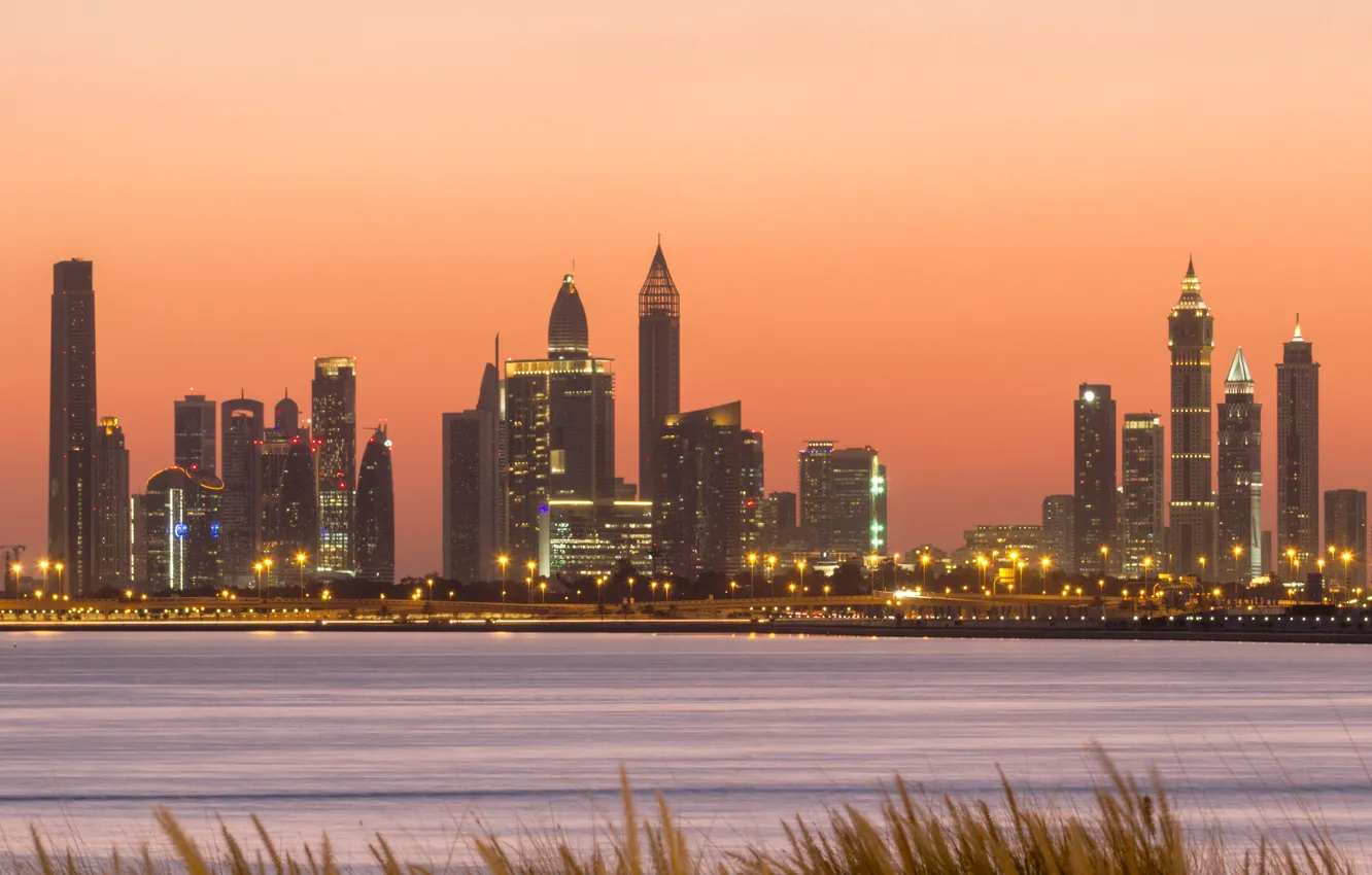 Фото обои Dubai, sunset, skyscrapers