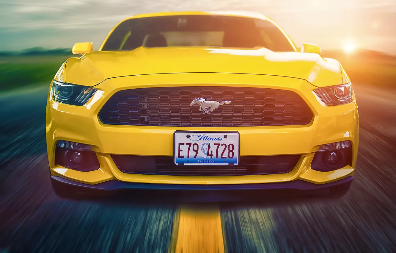 Фото обои Mustang, Ford, Muscle, Car, Front, Sun, Yellow, Road