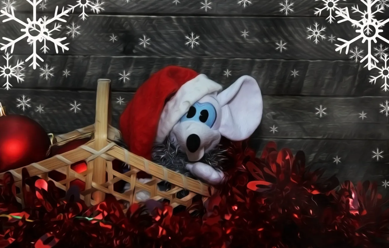 Фото обои снежинки, игрушка, крыса, новогоднее настроение