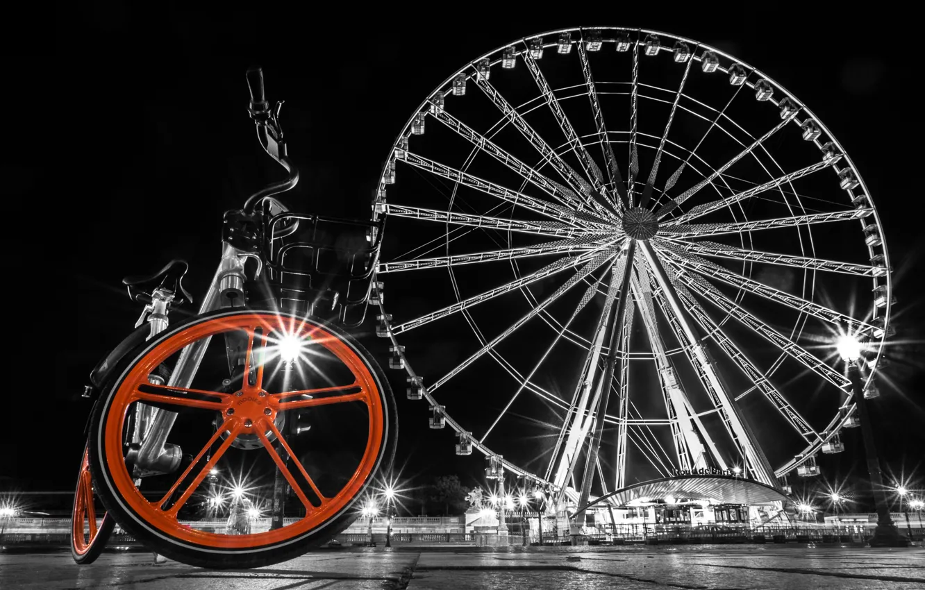 Фото обои велосипед, Франция, Париж, площадь, колесо обозрения, Paris, монохром, France