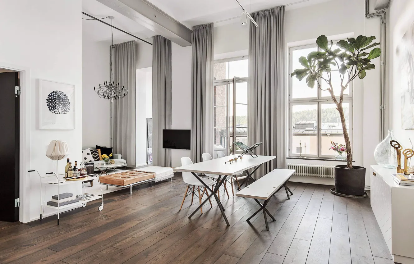 Фото обои интерьер, гостиная, столовая, скандинавский стиль, Apartment in Stockholm