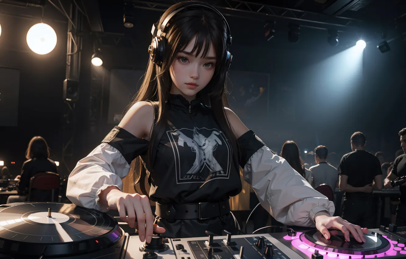 Фото обои аниме, наушники, азиатка, party, народ, красивая девушка, anime, headphones