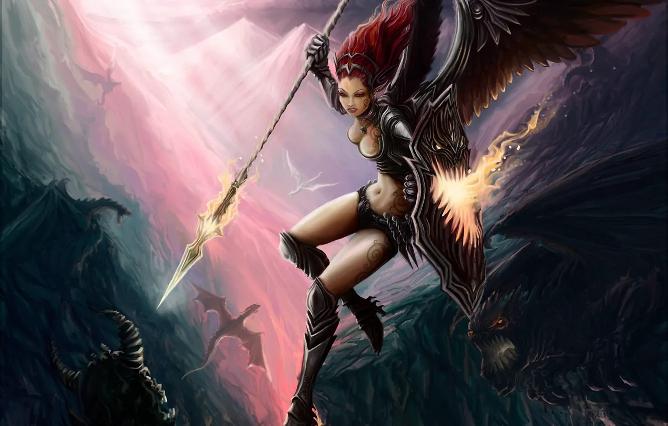 Фото обои девушка, горы, дракон, крылья, арт, монстры, битва, щит