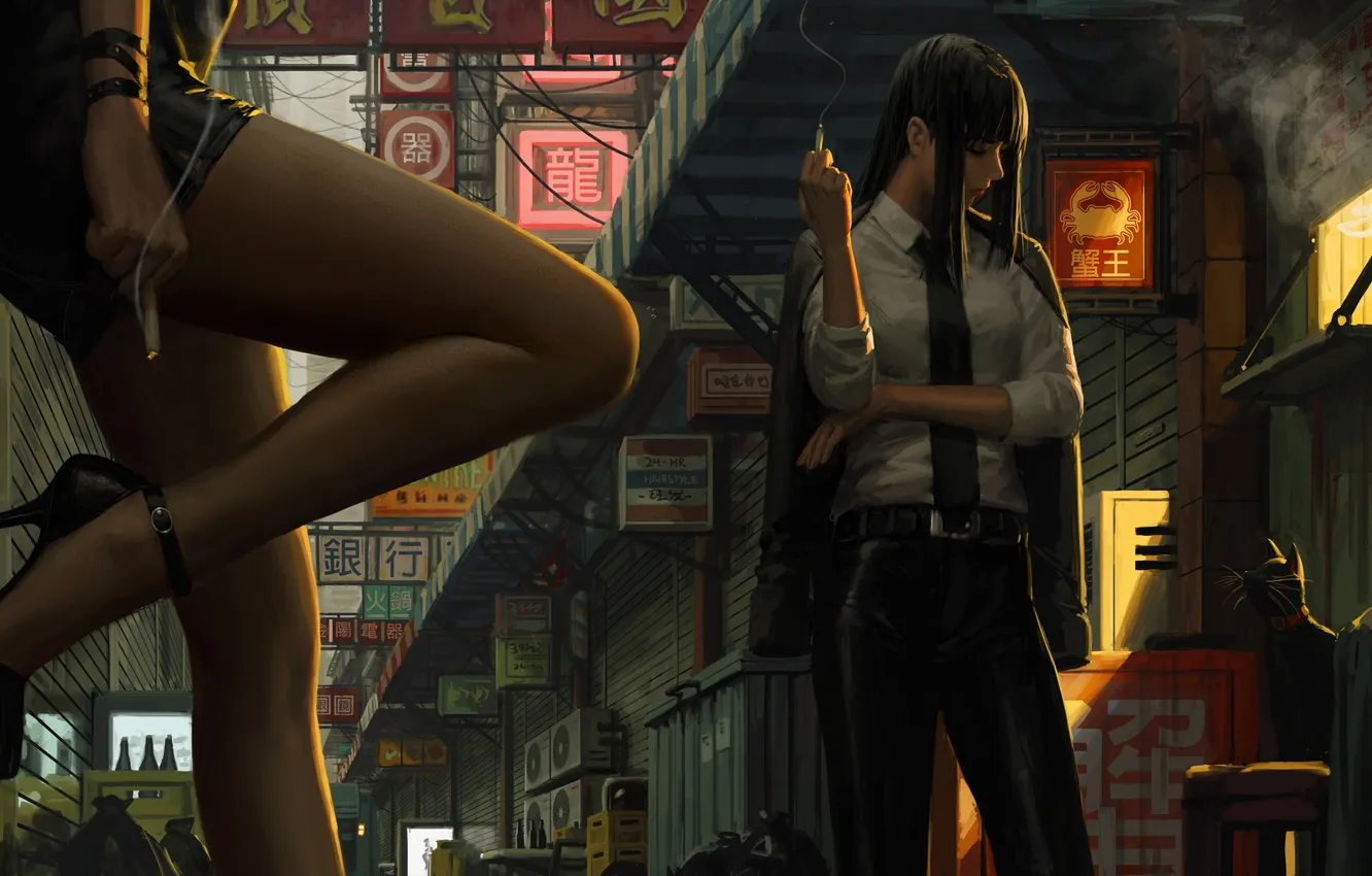 Фото обои girls, art, digital art, artwork, smoking girl, GUWEIZ, Japanese city