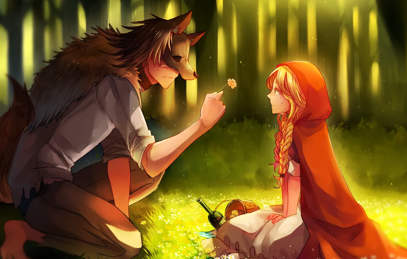Фото обои цветок, девушка, романтика, волк, красная шапочка, арт, парень, Red Riding Hood