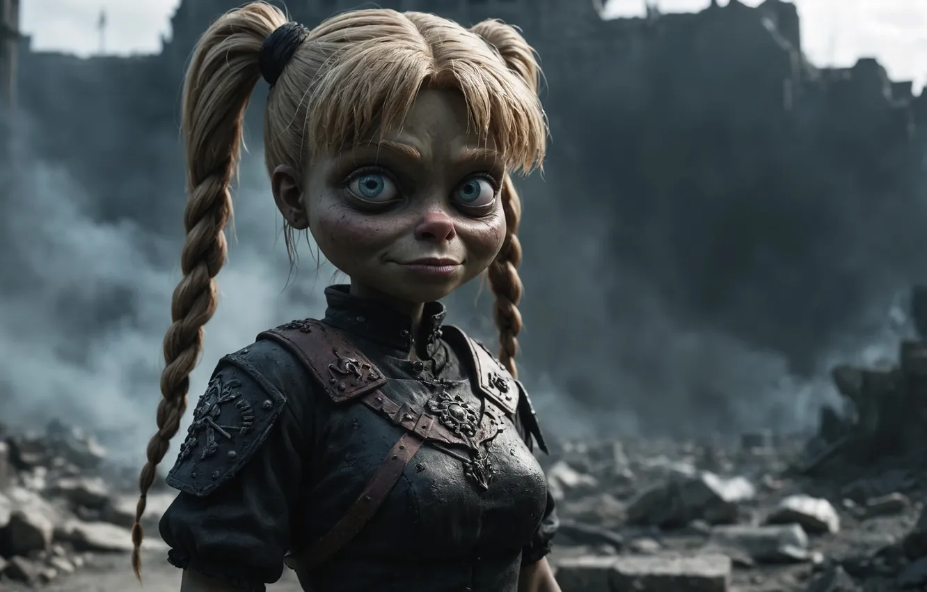 Фото обои девочка, коса, форма, руины