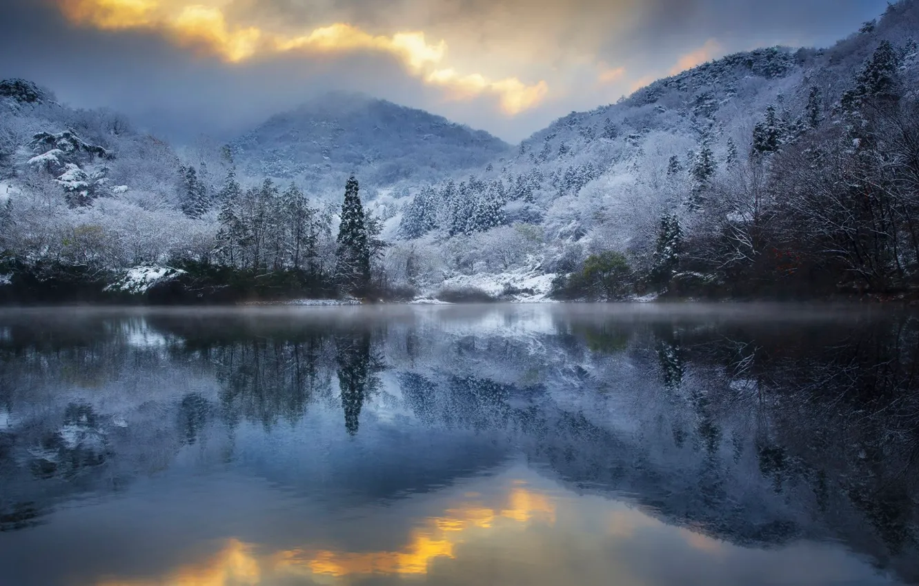 Фото обои зима, лес, пейзаж, горы, природа, озеро, Южная Корея, Jae youn Ryu