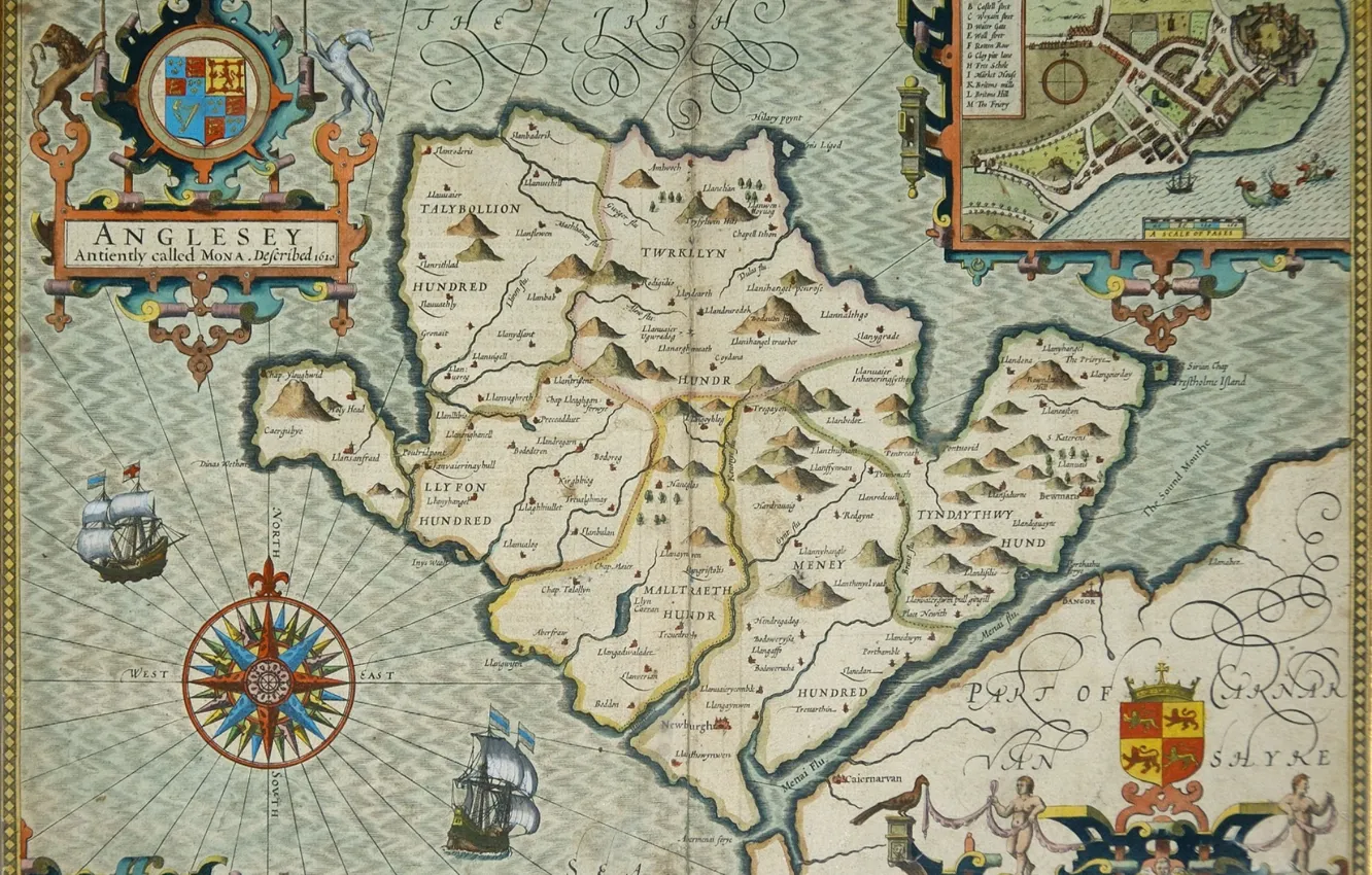 Фото обои море, остров, карта, план, герб, роза ветров, Anglesey