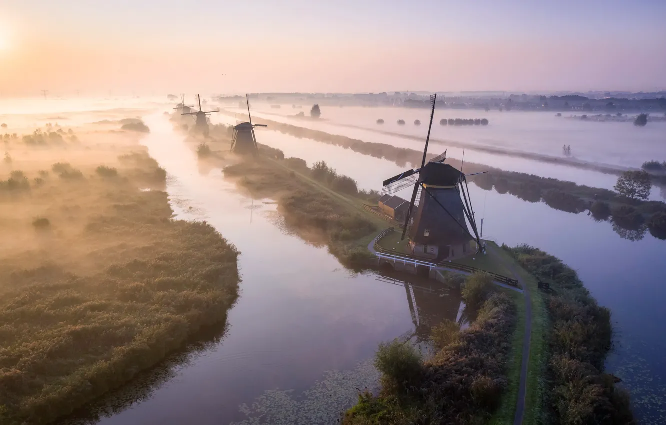 Фото обои fog, windmill, nederland, Kinderdijk