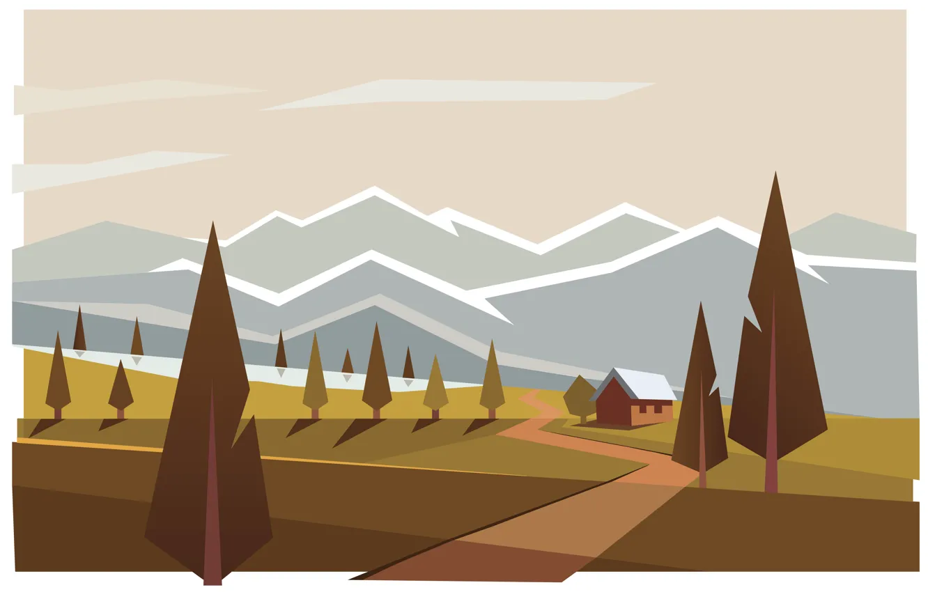 Фото обои горы, дом, Лес, иллюстрация