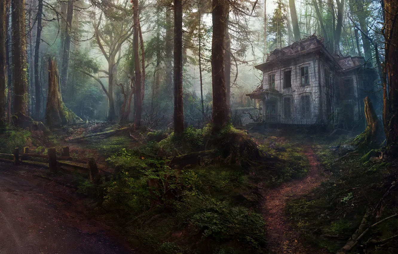 Фото обои Деревья, Лес, Дом, Art, Заброшенный дом, Concept Art, by Oleg Yolchiev, Forest house