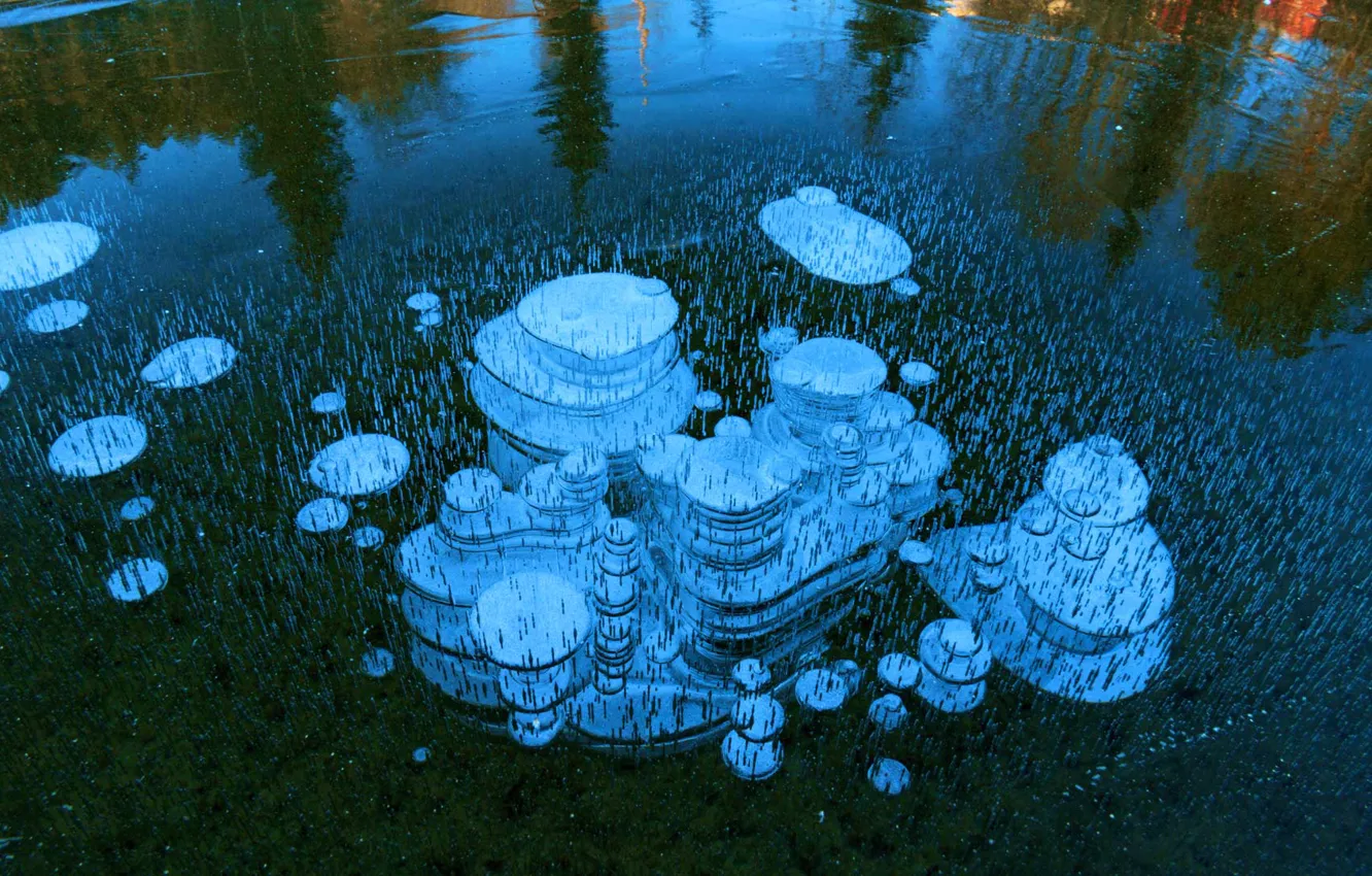 Фото обои лед, пузырьки, озеро, воздух, Норвегия, Selbusjoen