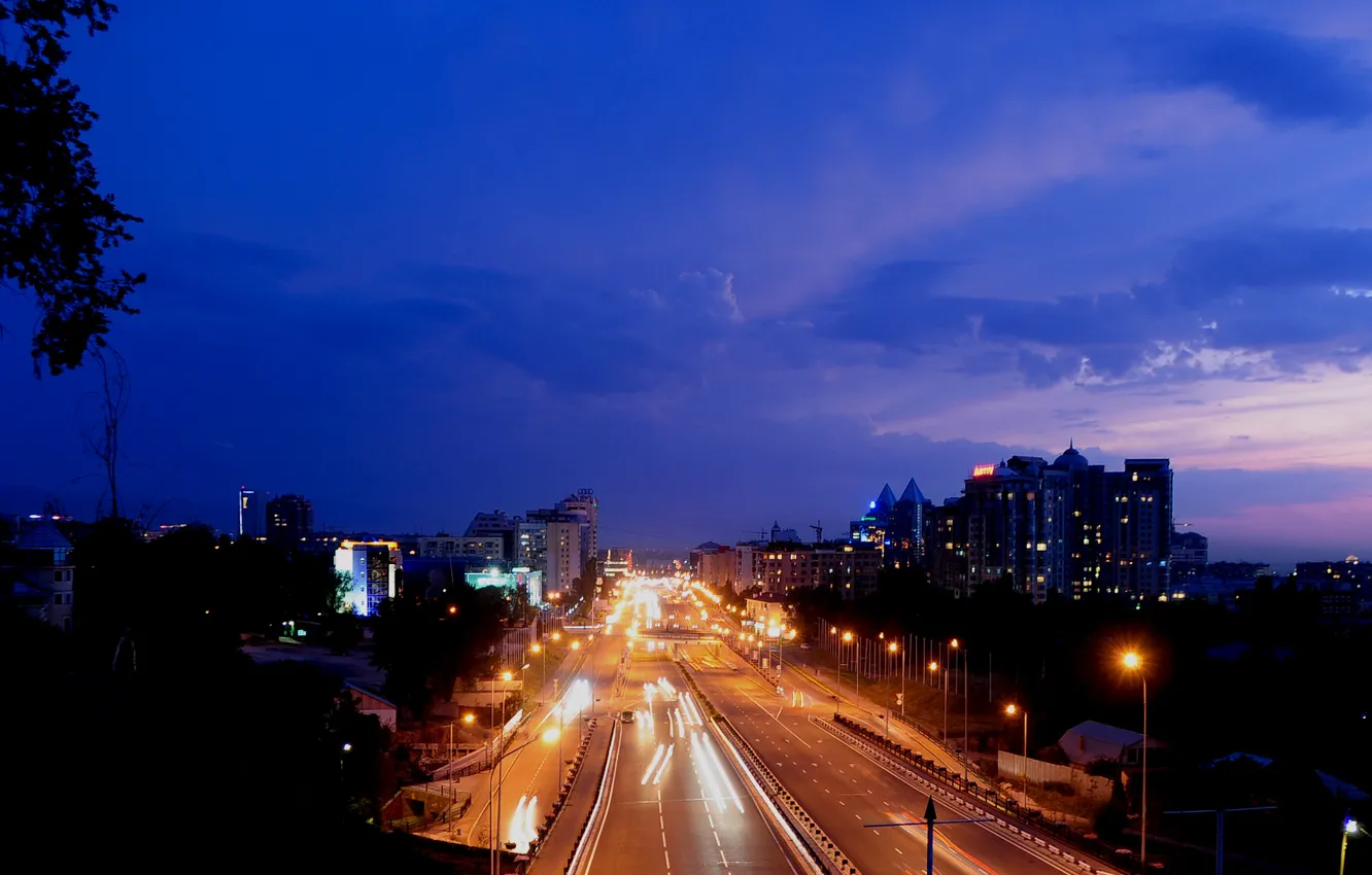 Фото обои дорога, ночь, огни, выдержка, Алматы