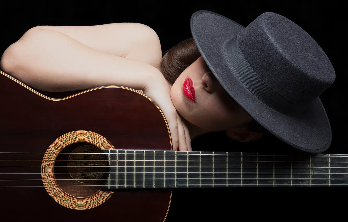 Фото обои девушка, гитара, шляпка