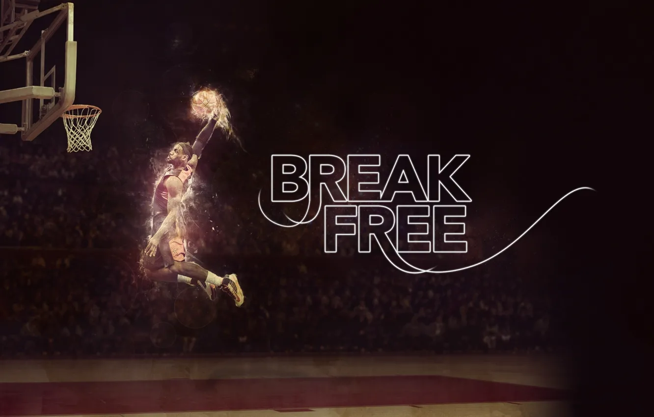 Фото обои Поле, Огонь, Баскетбол, NBA, LeBron James, Зависание, Игрок, Break Free