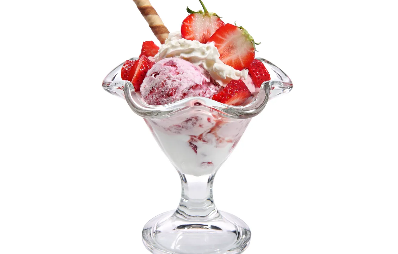 Фото обои ягоды, клубника, мороженое, белый фон, десерт, сладкое