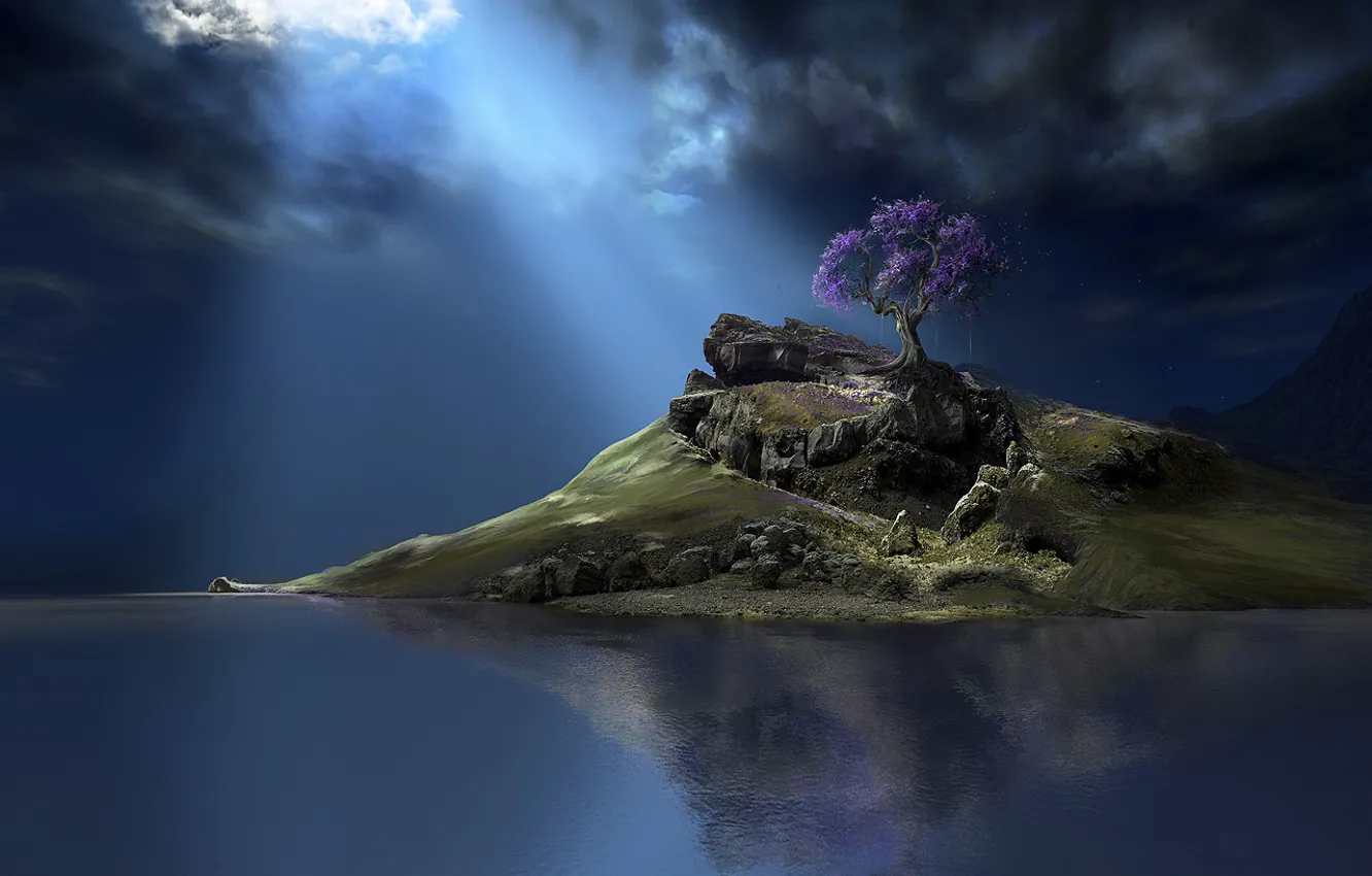 Фото обои небо, вода, тучи, фантастика, дерево, остров