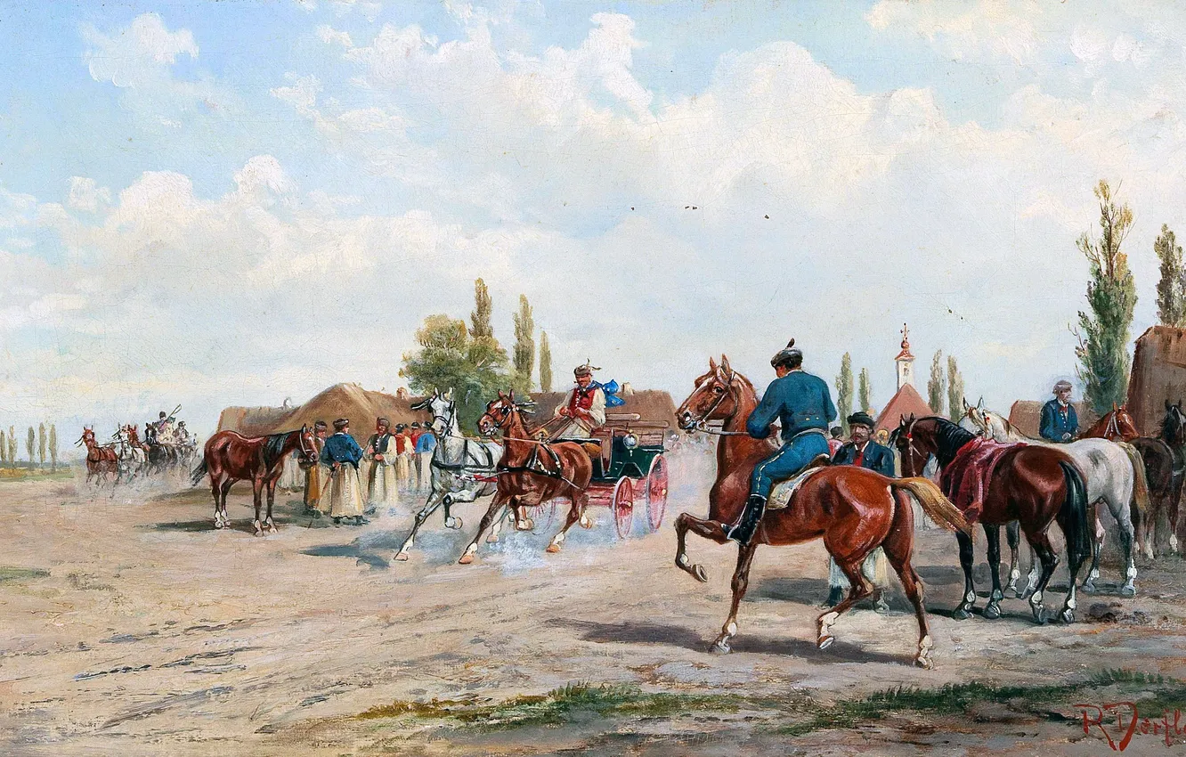 Фото обои Люди, Картина, Повозка, Лошади, Альфред Штайнакер, Alfred Steinacker, Венгерско-австрийский художник, Конный рынок в Араде в …