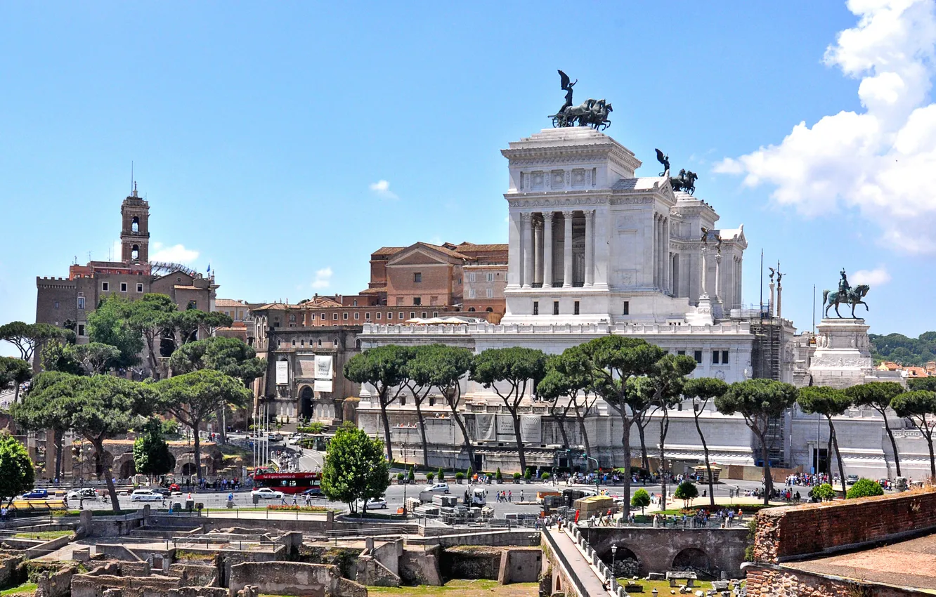 Фото обои небо, деревья, площадь, Рим, Италия, скульптура, форум, Витториано