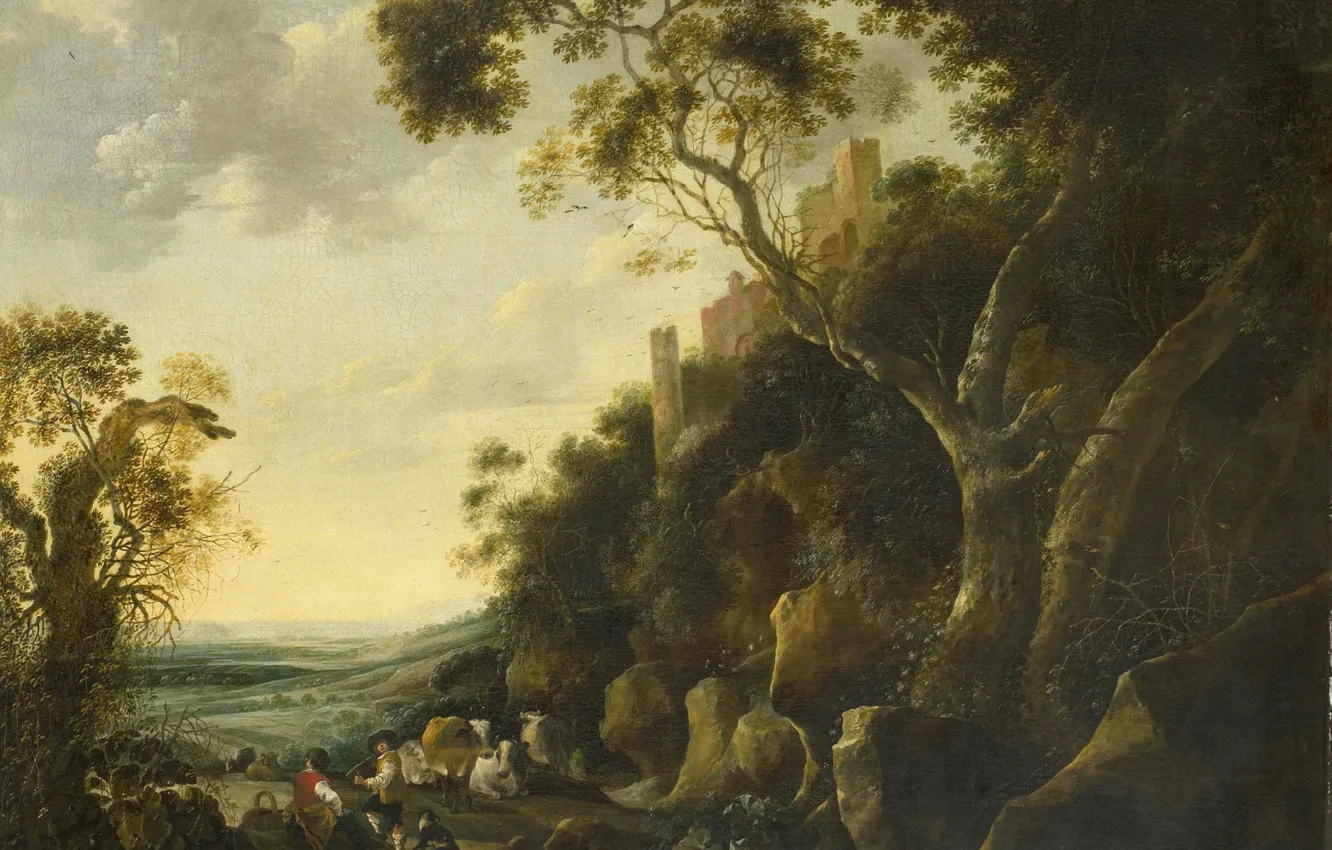 Фото обои природа, картина, Пейзаж с Пастухами, Gijsbert Gillisz. de Hondecoeter