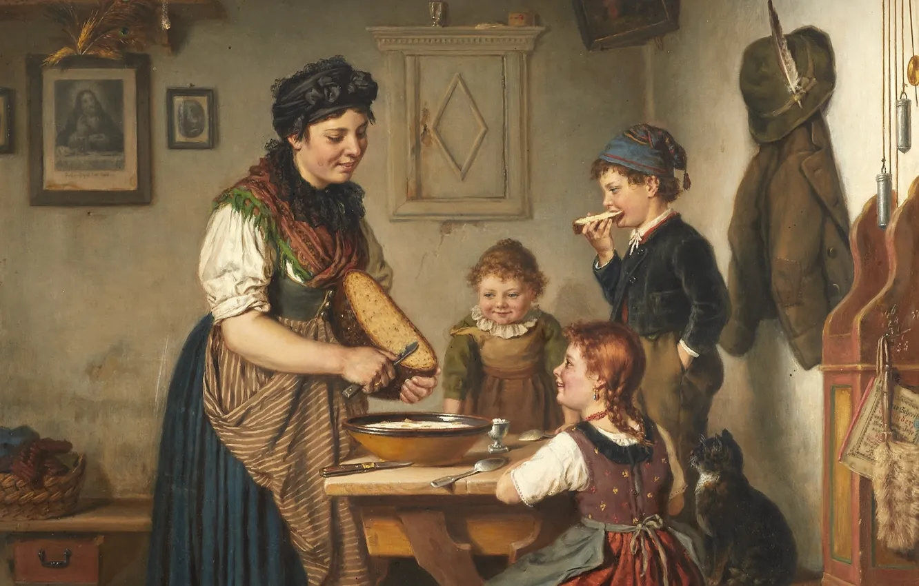 Фото обои 1883, German painter, немецкий живописец, oil on canvas, Карл Хец, At the kitchen table, За …
