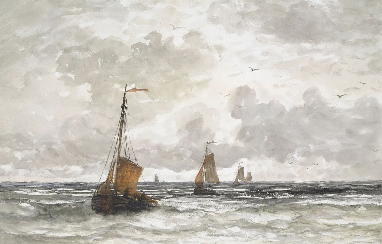 Фото обои море, лодка, рисунок, корабль, акварель, парус, Рыбацкие Лодки в Море, Хендрик Виллем Месдах