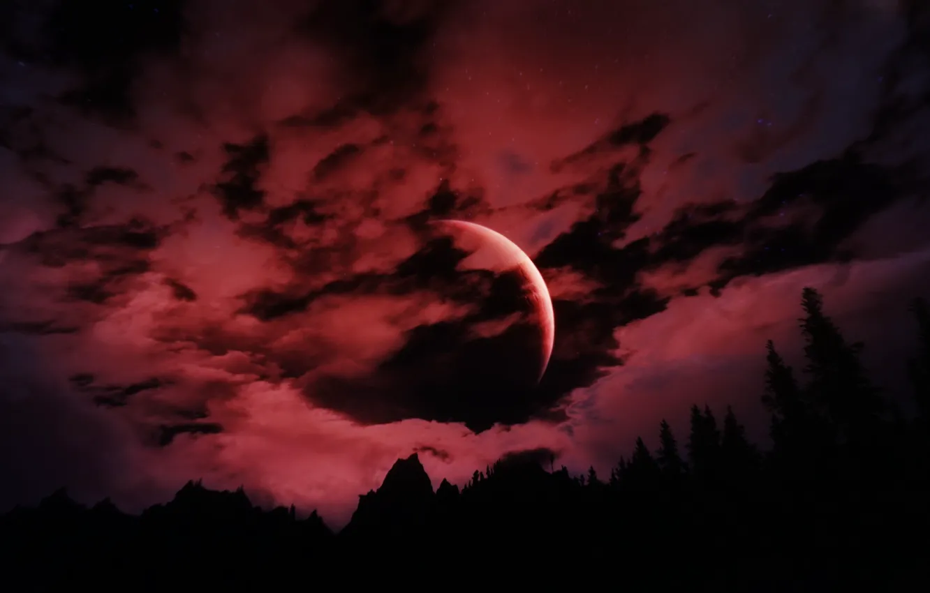 Фото обои Moon, Red, Sky, Landscape, Skyrim, Game, The Elder Scrolls V