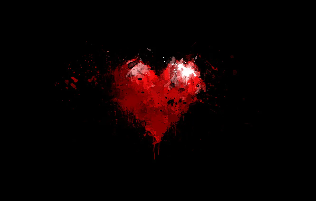 Фото обои капли, фон, красное, черный, сердце, краска, минимализм