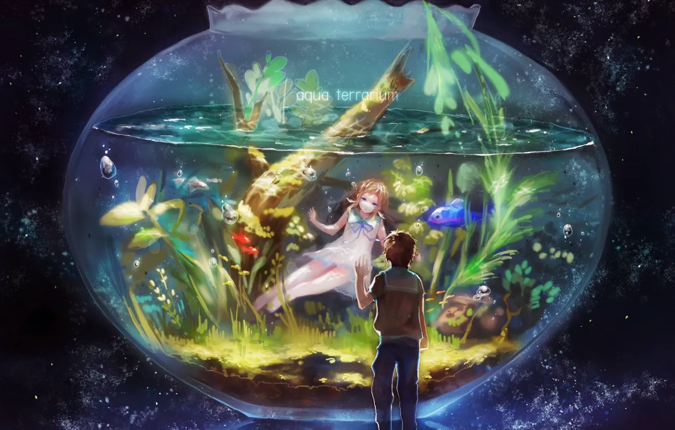 Фото обои рыбки, водоросли, пузырьки, аквариум, двое, звездное небо, Nagi no Asukara, Hikari Sakishima