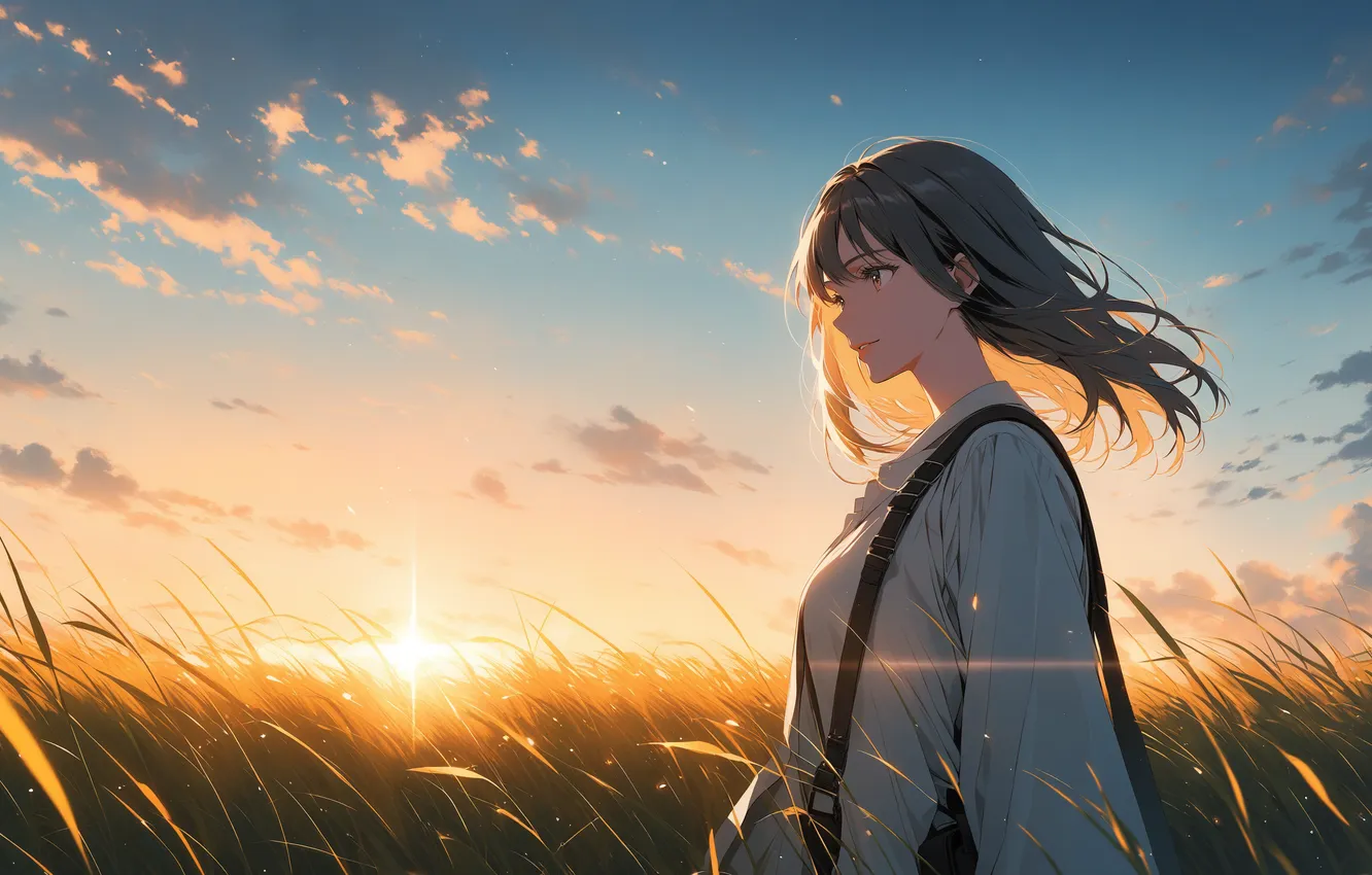 Фото обои поле, девушка, солнце, аниме, girl, field, woman, anime