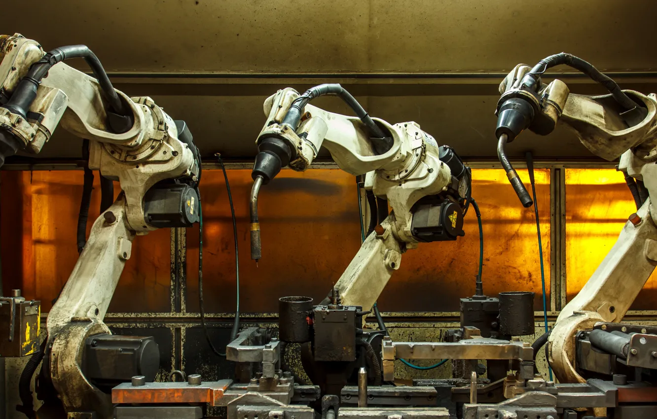 Фото обои metal, robotic welders, Robotic arms