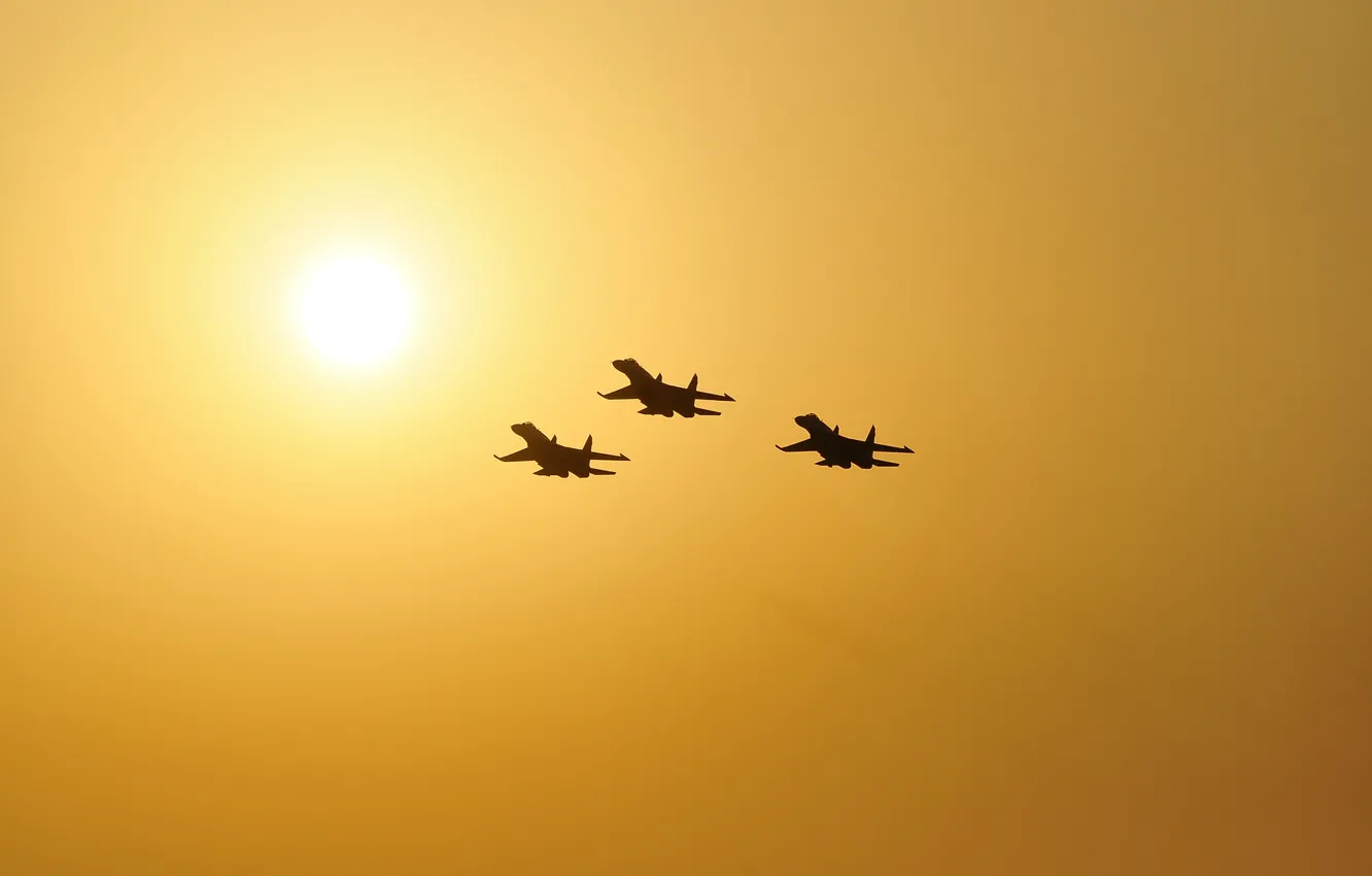 Фото обои небо, солнце, самолет, истребитель, Flanker, Су-27, звено