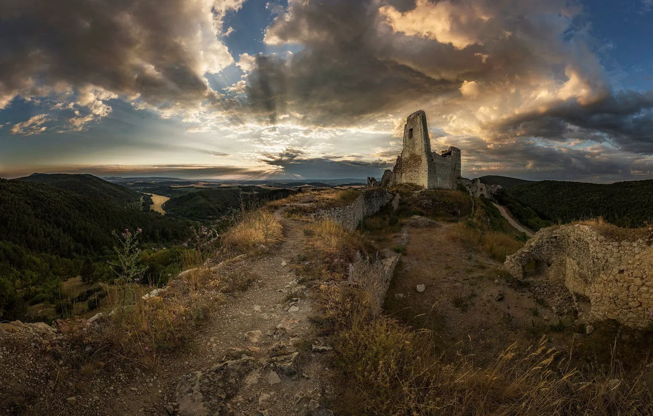 Фото обои горы, замок, руины, тропинка