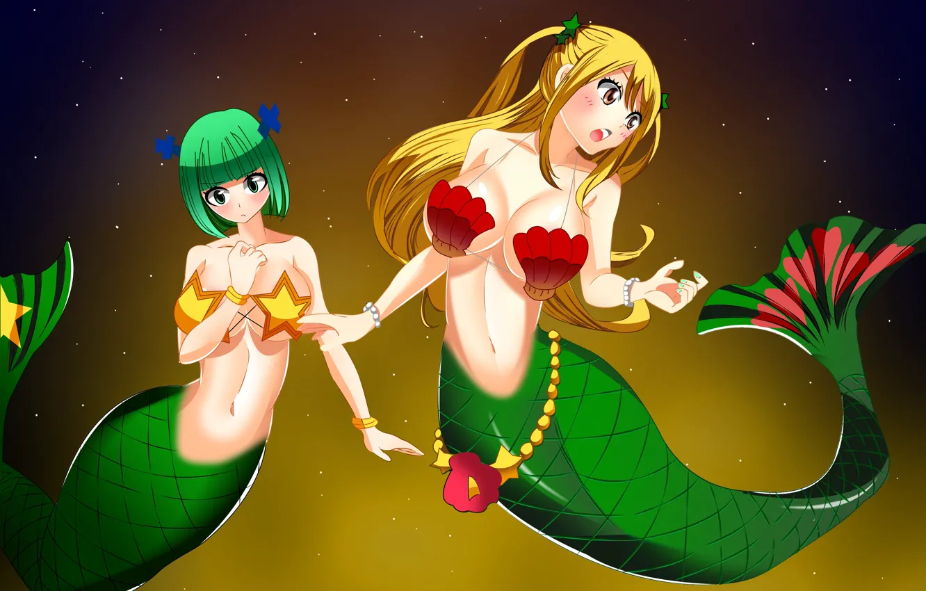 Фото обои sexy, green eyes, long hair, girls, boobs, anime, beautiful, short hair