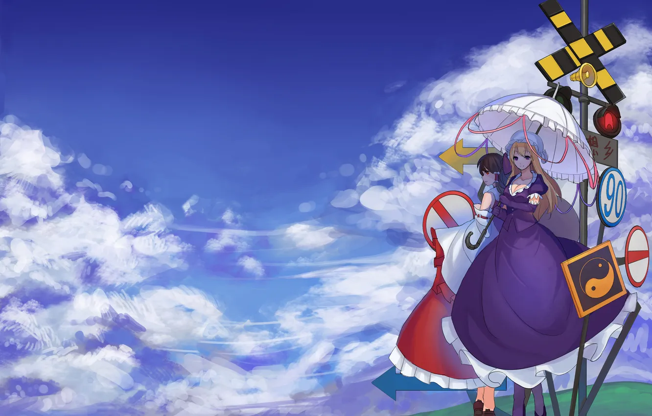 Фото обои вода, девушки, станция, зонт, знаки, touhou, art, yakumo yukari