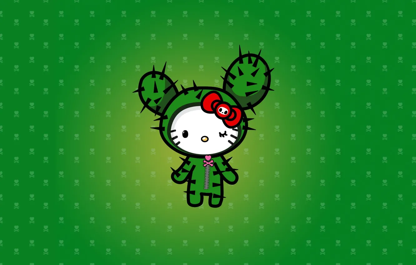 Фото обои кактус, колючки, зелёный, Hello Kitty, сердечко.