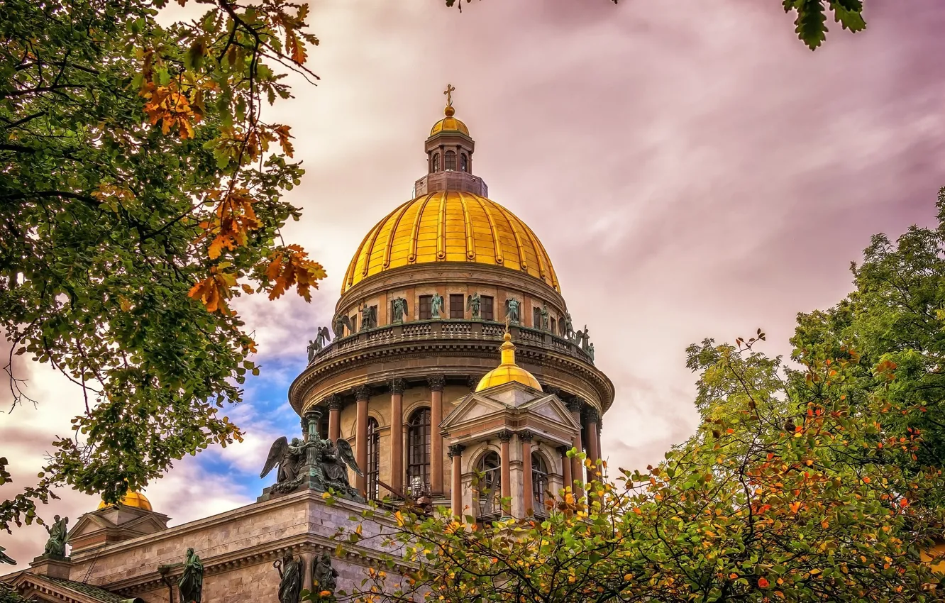 Фото обои осень, деревья, храм, Санкт Петербург, Исаакиевский Собор