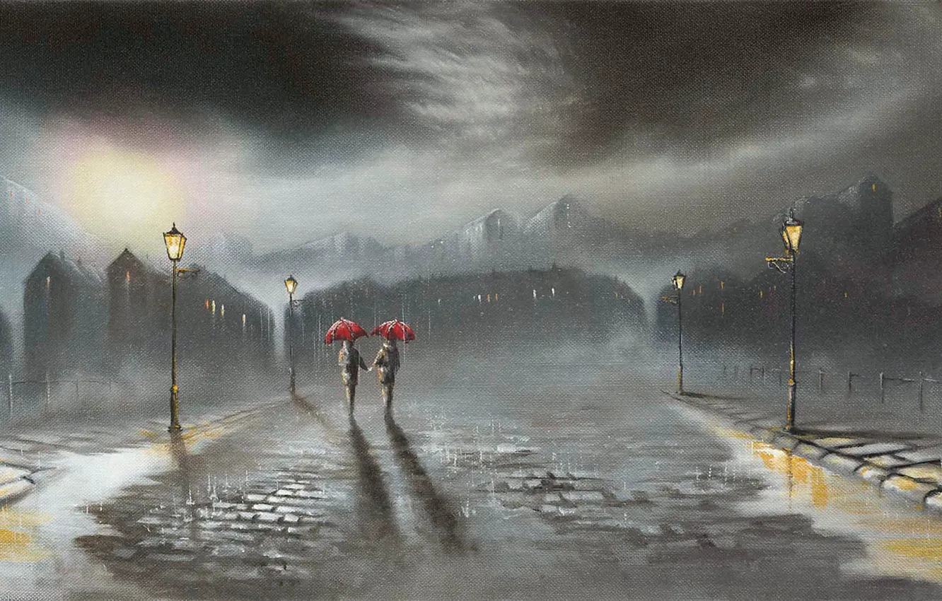 Фото обои дорога, город, дождь, фонари, зонты, прохожие, Jeff Rowland, ненастье
