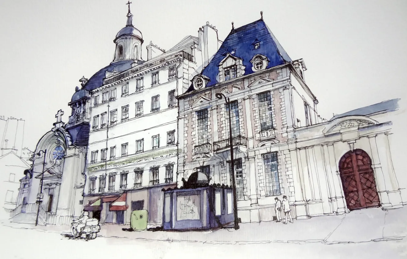 Фото обои дом, улица, рисунок, Франция, Париж, акварель, собор