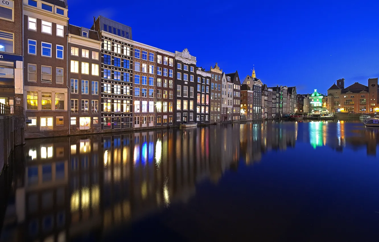 Фото обои вода, огни, отражение, дома, Амстердам, Нидерланды
