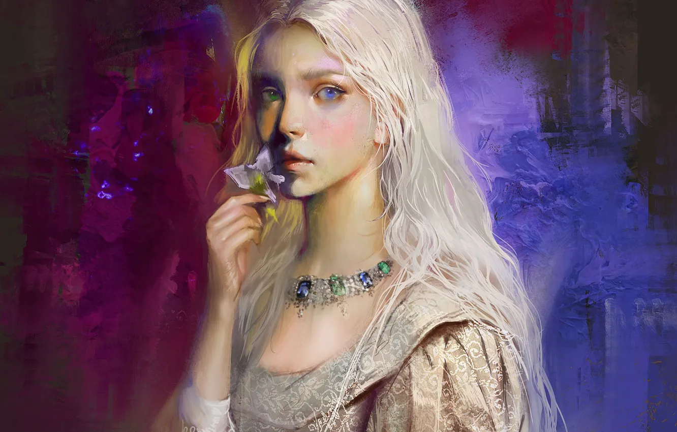 Фото обои цветок, рука, ожерелье, голубые глаза, art, портрет девушки, длинные белые волосы, Bellabergolts