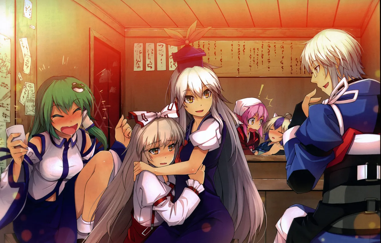 Фото обои девушки, смех, очки, парень, бант, длинные волосы, touhou, art